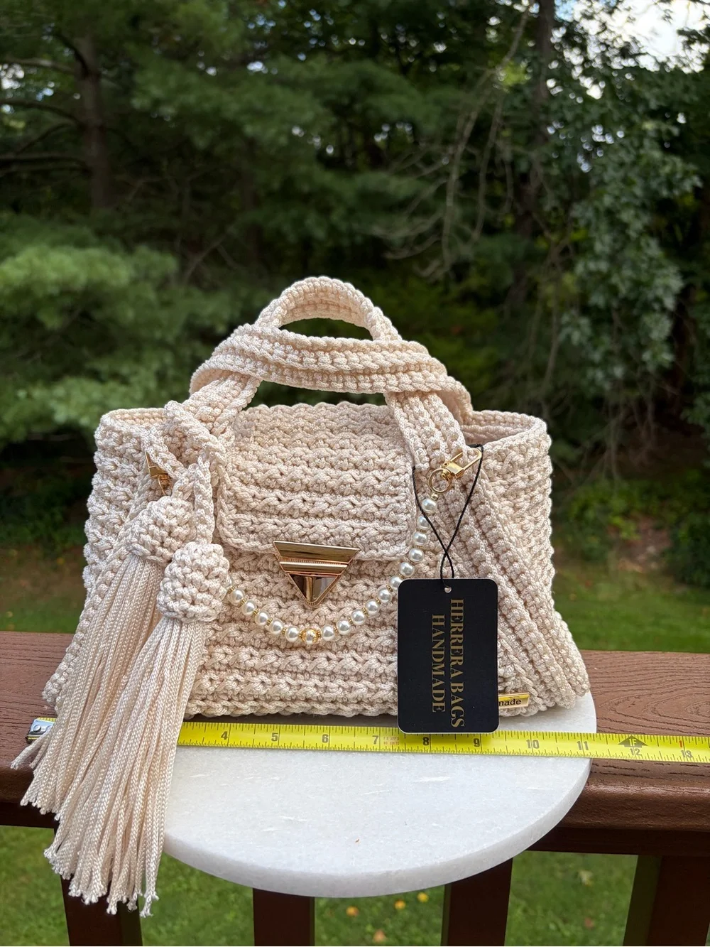 Ivory Crochet Bag, Handmade Boho Purse, Polypropylene Woven Handbag, Tassel